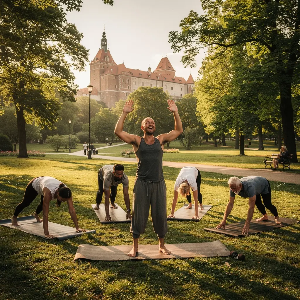 Instruktor demonstrujący prawidłową postawę ciała podczas praktyki jogi.
