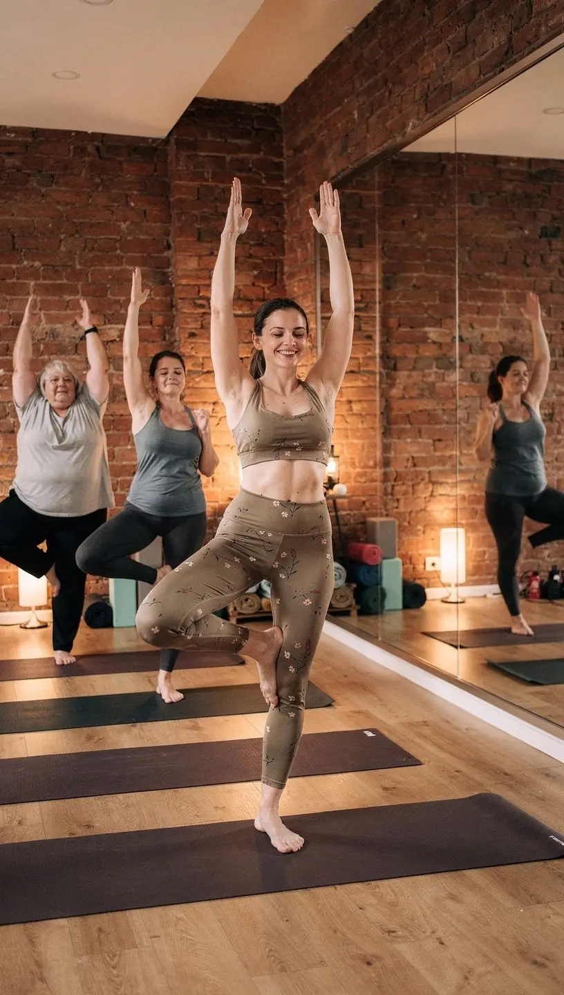 Grupa uczestników zajęć jogi, ćwiczących równocześnie w pięknym otoczeniu.