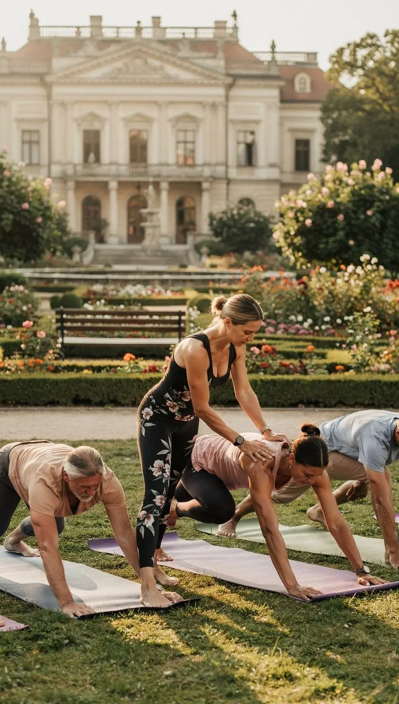 Instruktor jogi demonstrujący prawidłowe ułożenie ciała w asanie.