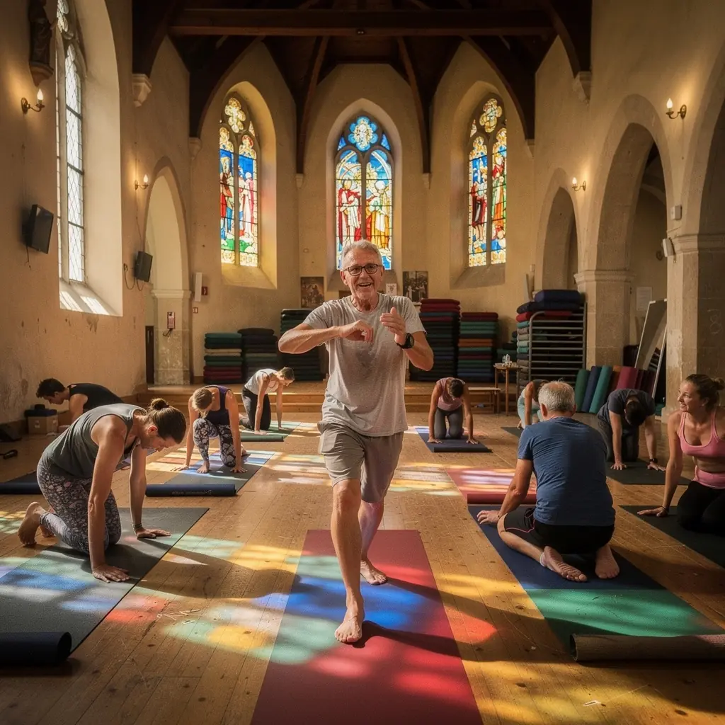 Grupa uczestników zajęć jogi uczących się technik poprawnej postawy.