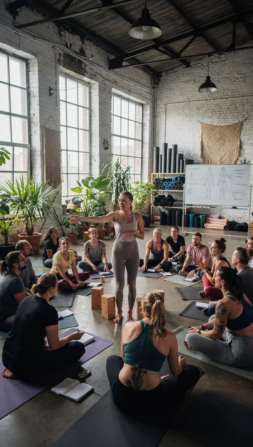 Instruktor jogi demonstrujący prawidłowe ułożenie ciała w asanie.